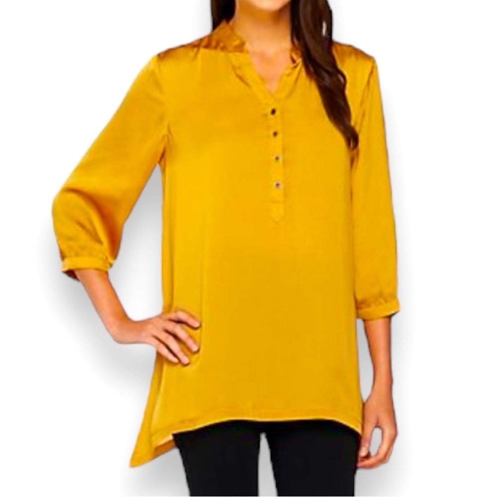 Denim & Co. Size XL Gold 3/4 Sleeve Button Front Pullover Tunic w/Trapeze Hem